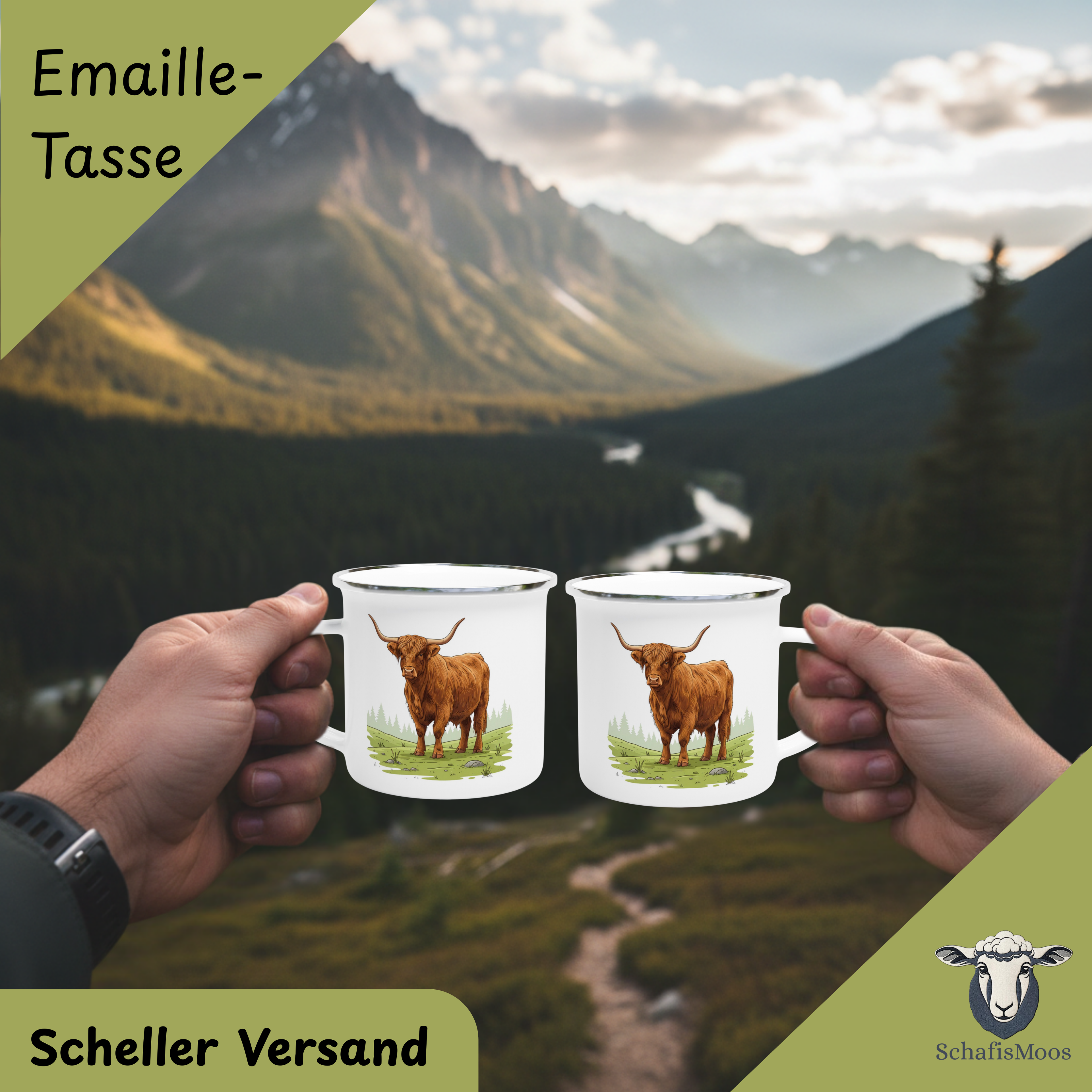 Hochlandrind Emaille-Tasse | 350 ml Tiermotiv | Camping & Outdoor | Natur und  Landschaft