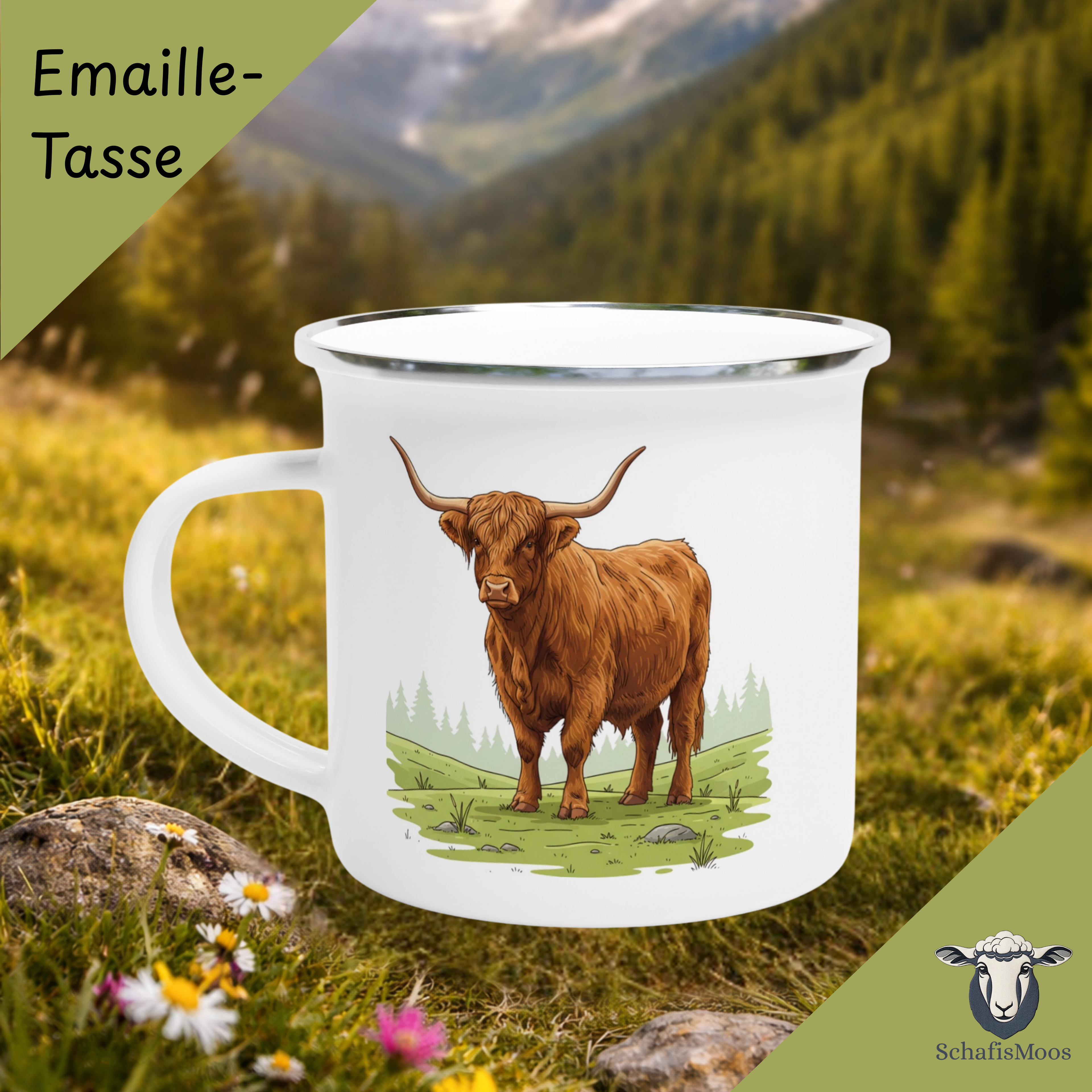 Hochlandrind Emaille-Tasse | 350 ml Tiermotiv | Camping & Outdoor | Natur und  Landschaft