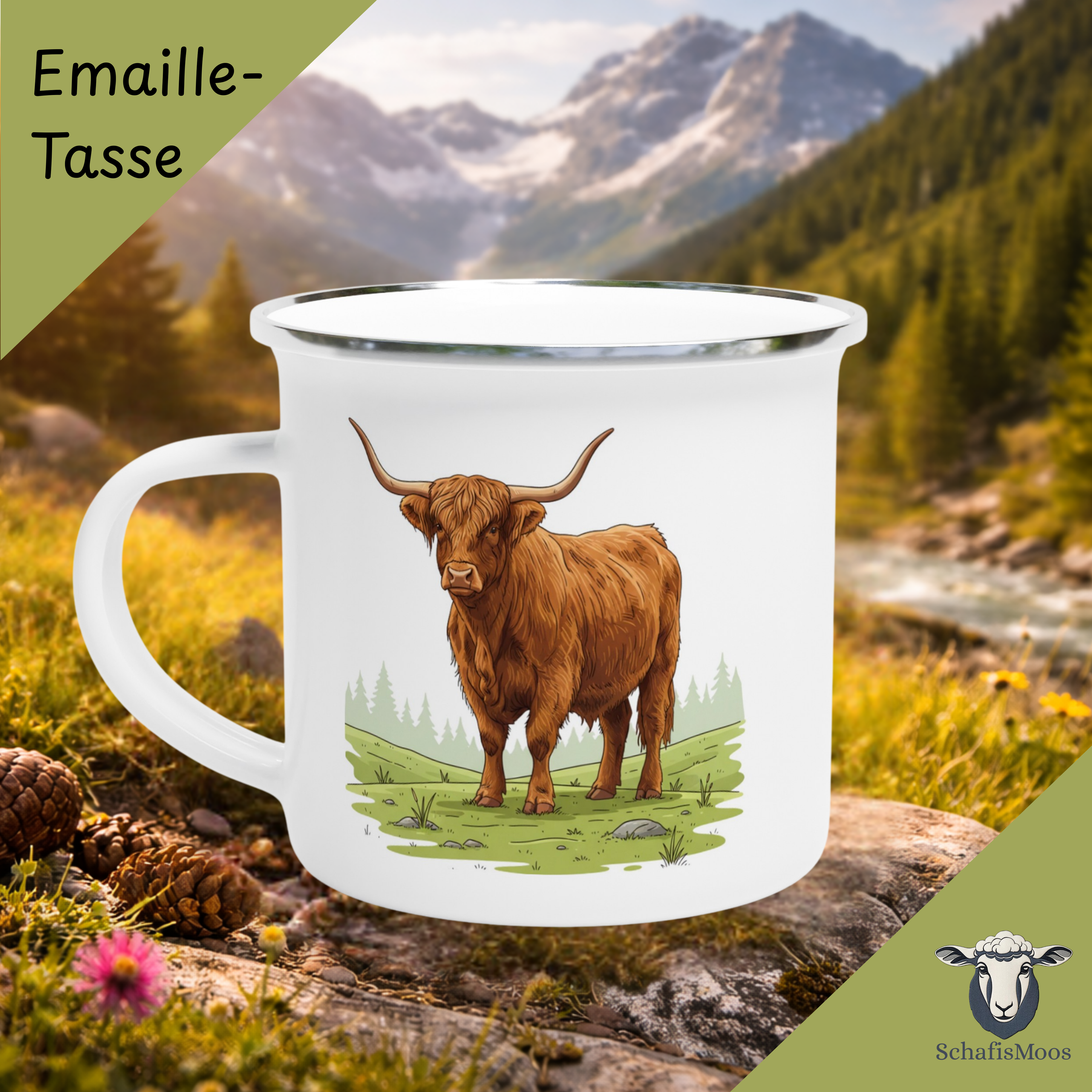 Hochlandrind Emaille-Tasse | 350 ml Tiermotiv | Camping & Outdoor | Natur und  Landschaft
