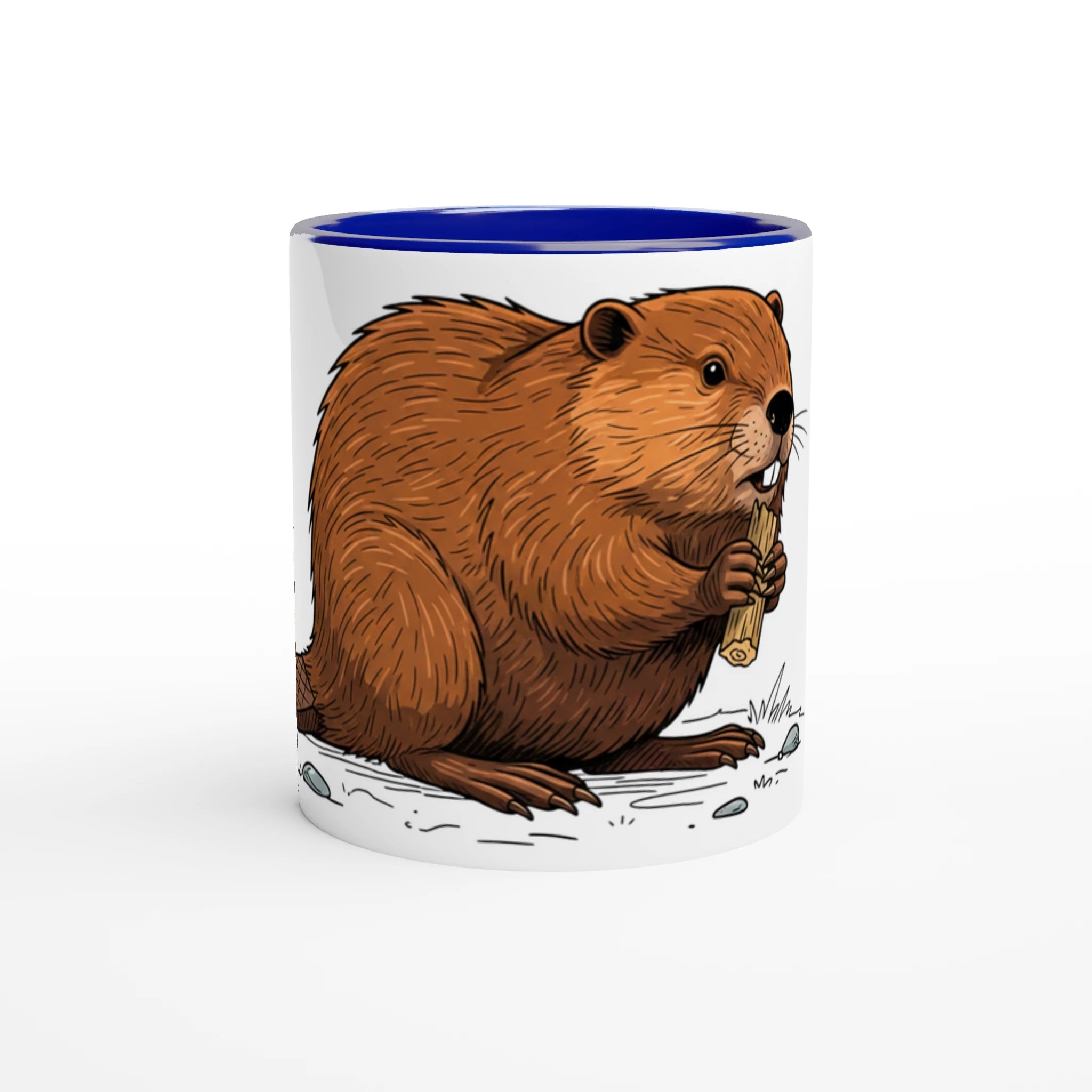 Keramikblau Biber Tasse 330 ml, Motiv Biber am Holz groß mittig vorne, Keramik Kaffeebecher Natur und Wildnis Design