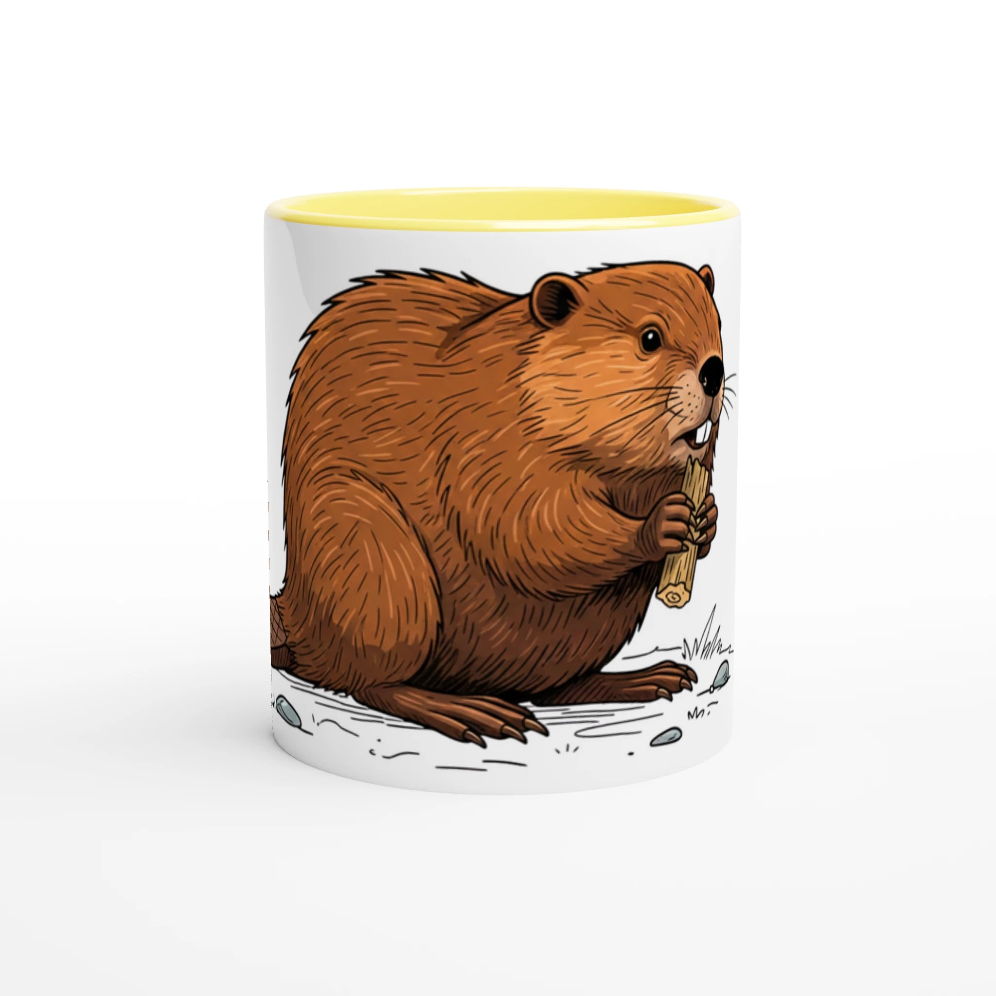 Keramikgelb Biber Tasse 330 ml, Motiv Biber am Holz groß mittig vorne, Keramik Kaffeebecher Natur und Wildnis Design