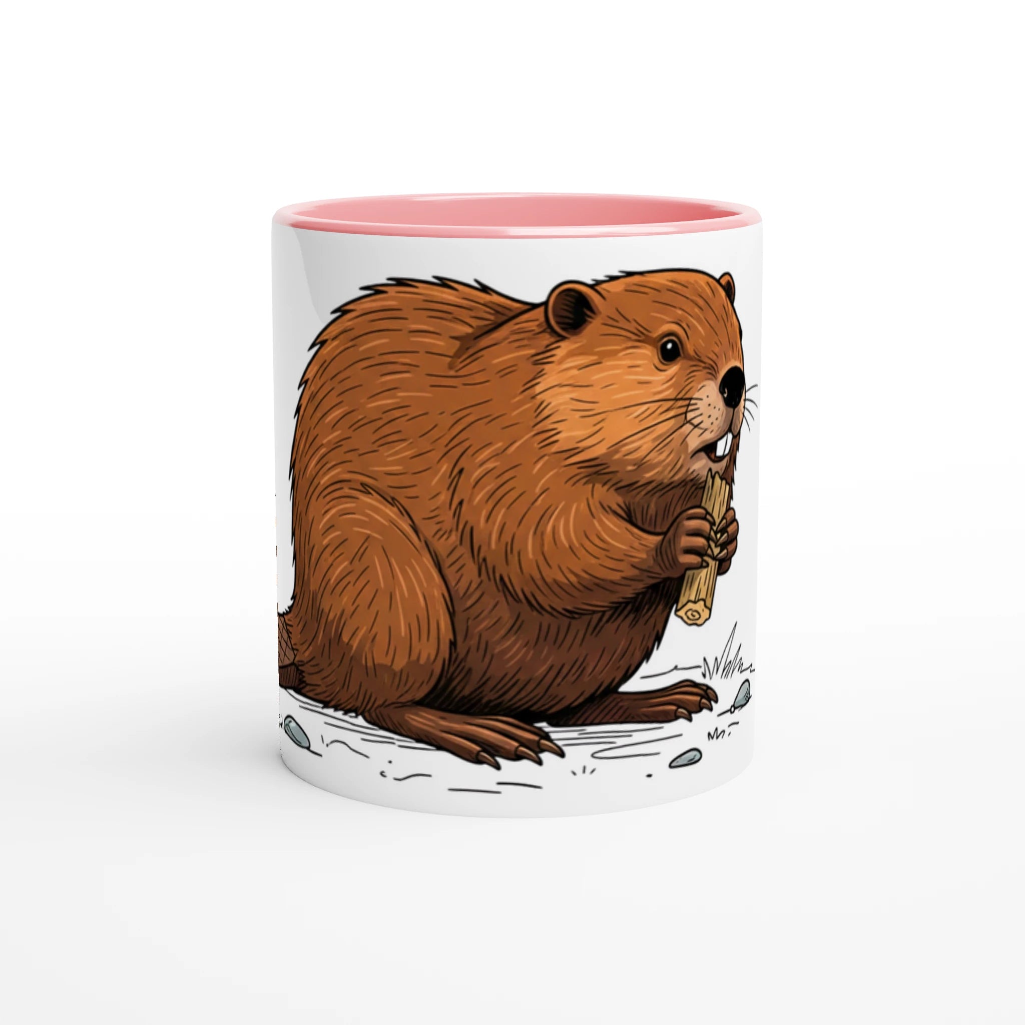 Keramikrosa Biber Tasse 330 ml, Motiv Biber am Holz groß mittig vorne, Keramik Kaffeebecher Natur und Wildnis Design