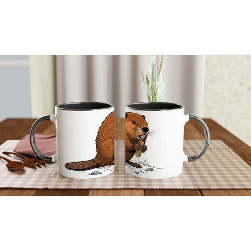 Keramikschwarz Biber Tasse 330 ml, Motiv Biber am Holz groß mittig vorne, Keramik Kaffeebecher Natur und Wildnis Design ansicht seite