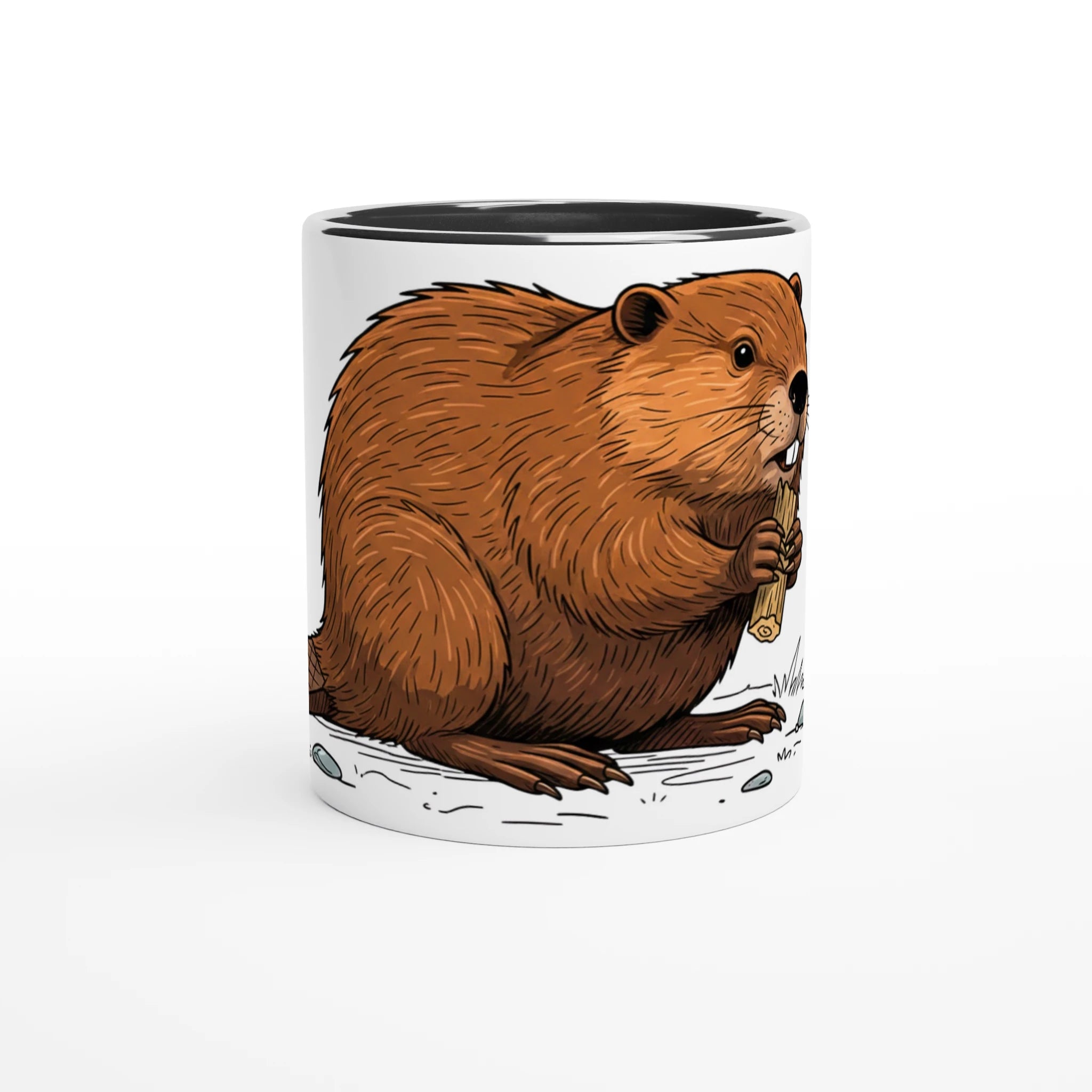 Keramikschwarz Biber Tasse 330 ml, Motiv Biber am Holz groß mittig vorne, Keramik Kaffeebecher Natur und Wildnis Design