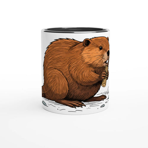 Keramikschwarz Biber Tasse 330 ml, Motiv Biber am Holz groß mittig vorne, Keramik Kaffeebecher Natur und Wildnis Design