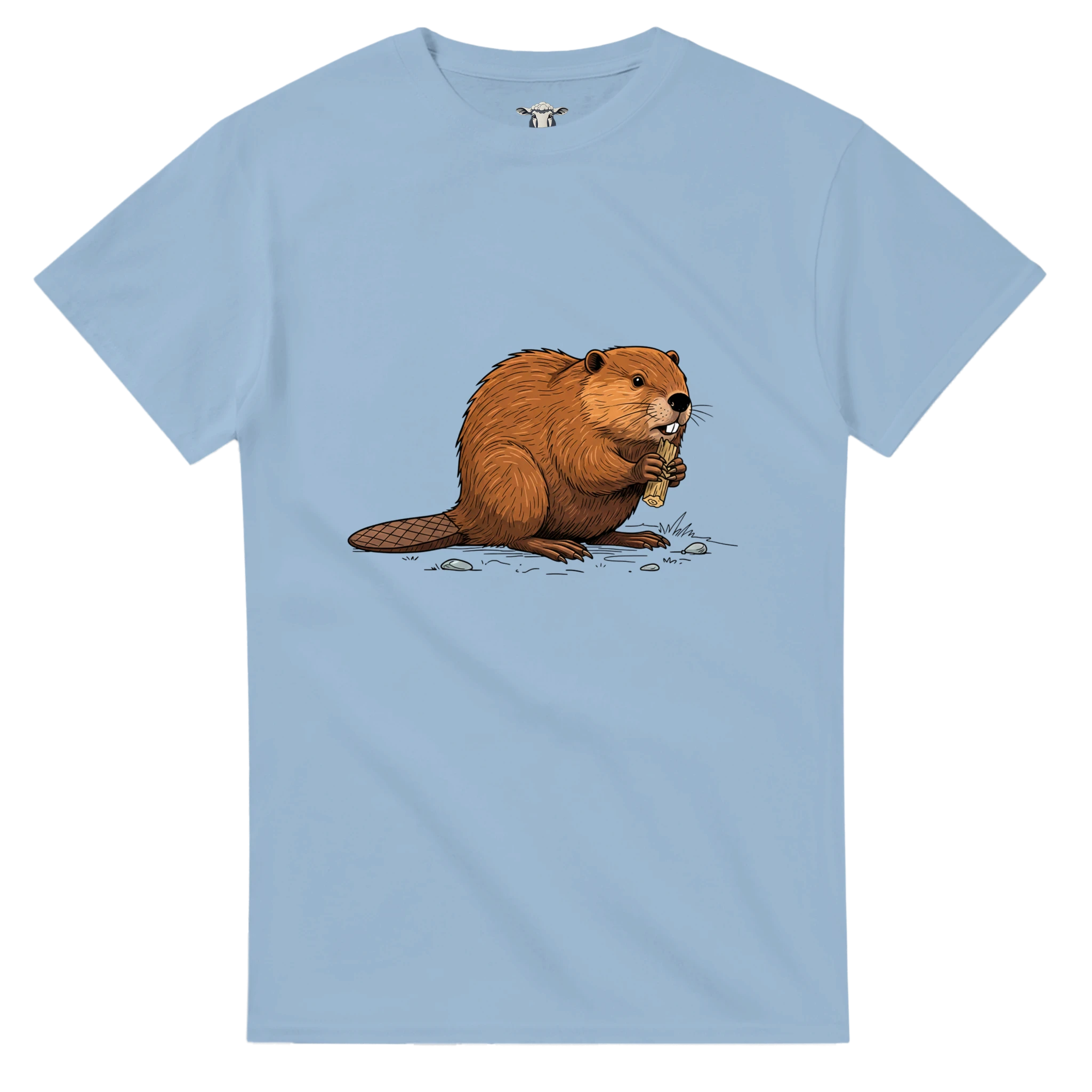 Hellblau Biber T-Shirt Gildan® 5000, Motiv Biber am Holz groß mittig vorne