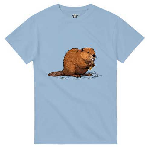 Hellblau Biber T-Shirt Gildan® 5000, Motiv Biber am Holz groß mittig vorne