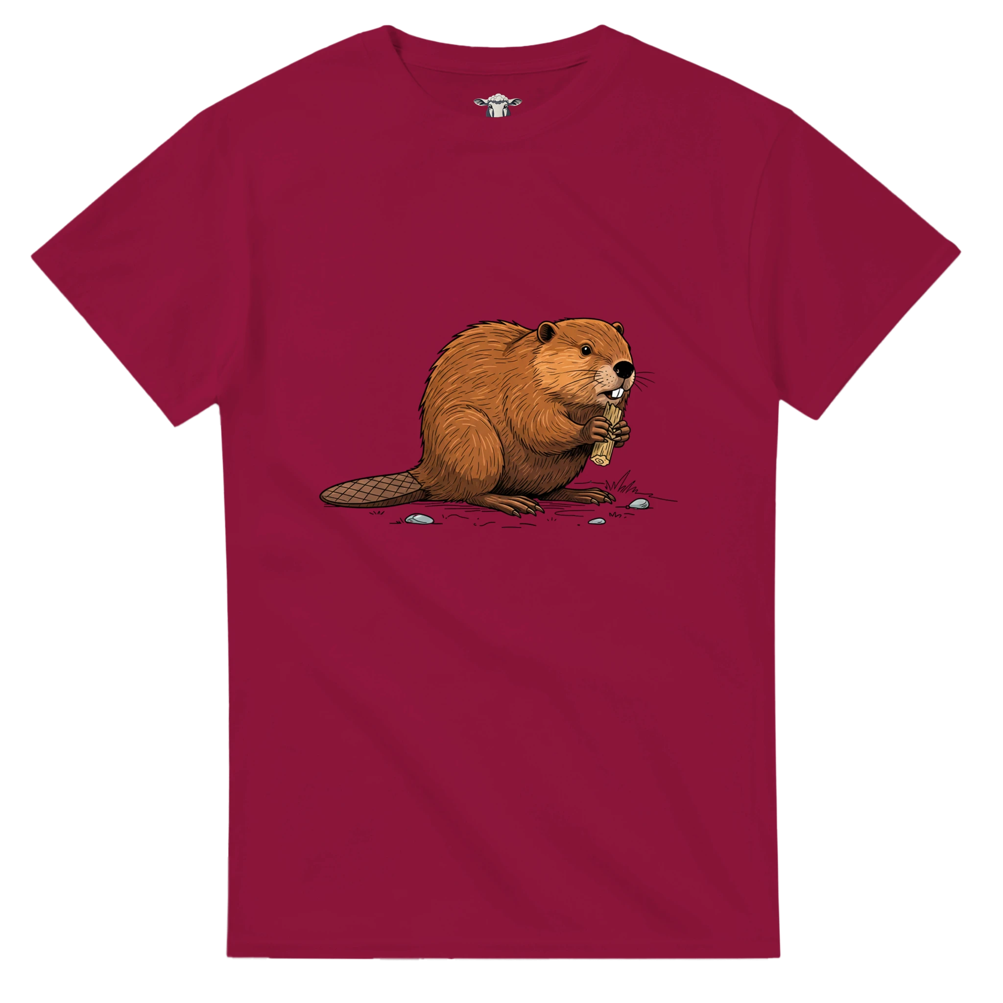 Kardinalrot Biber T-Shirt Gildan® 5000, Motiv Biber am Holz groß mittig vorne