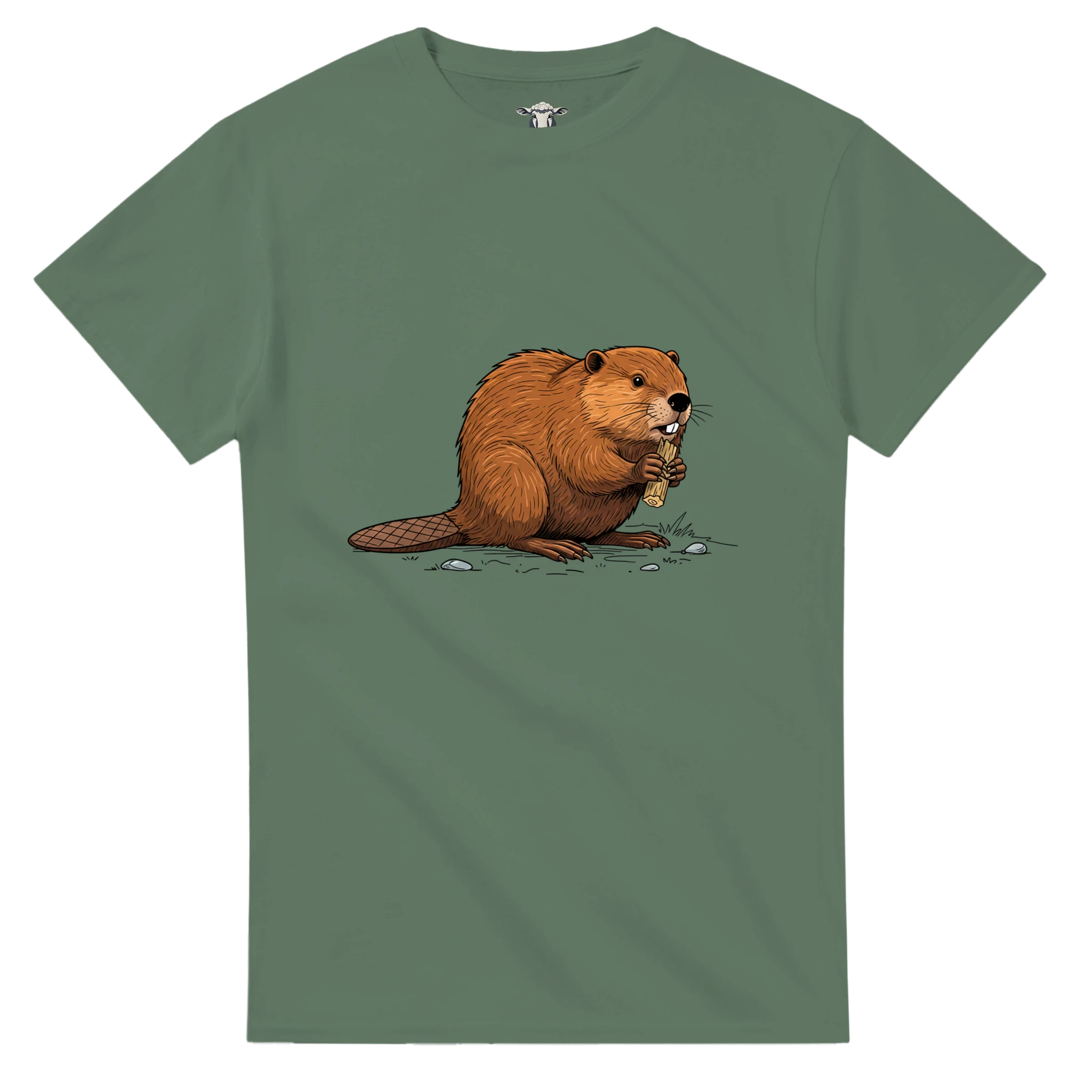 Military Green Biber T-Shirt Gildan® 5000, Motiv Biber am Holz groß mittig vorne