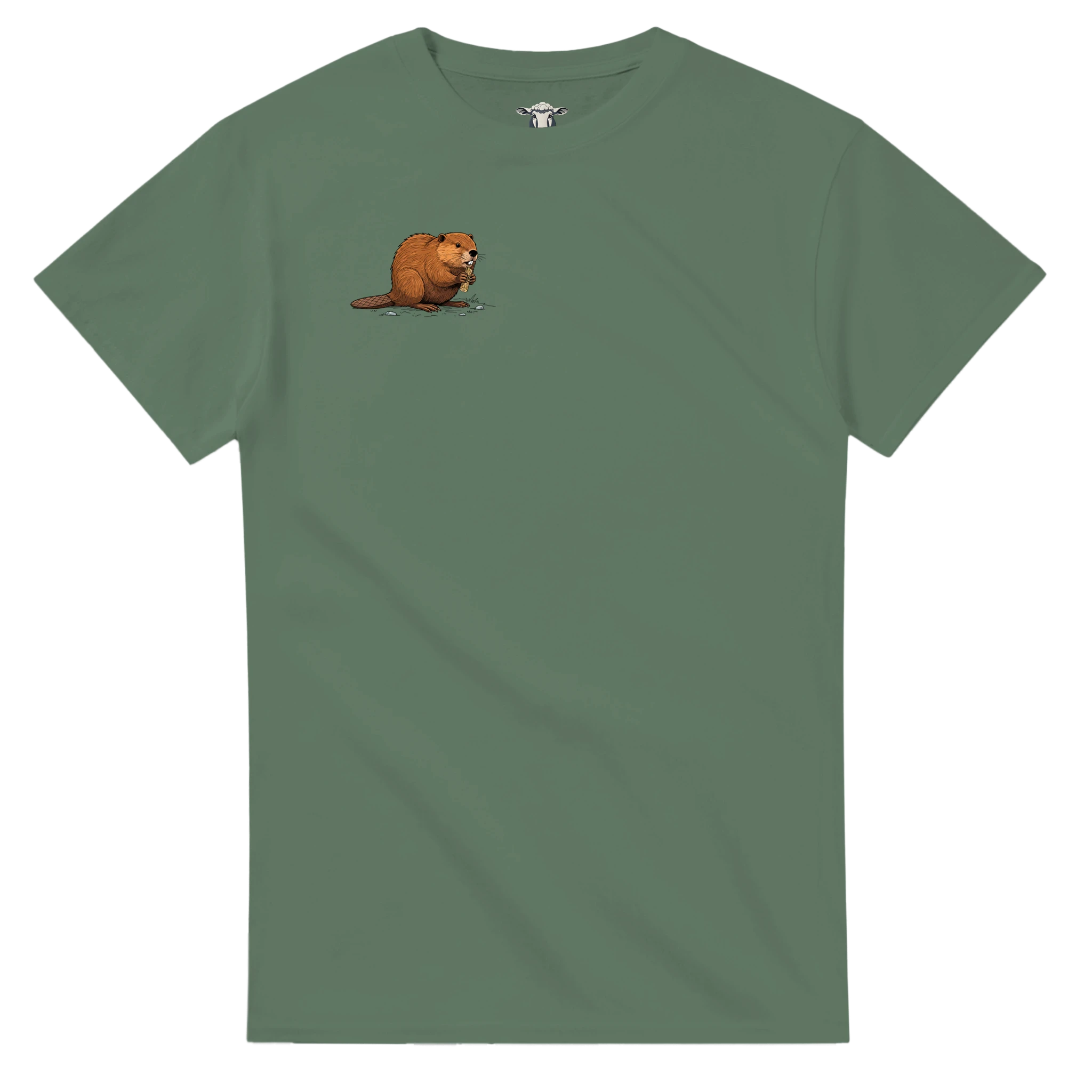 Military Green Biber T-Shirt Gildan® 5000, Motiv Biber am Holz klein auf der Brust rechts