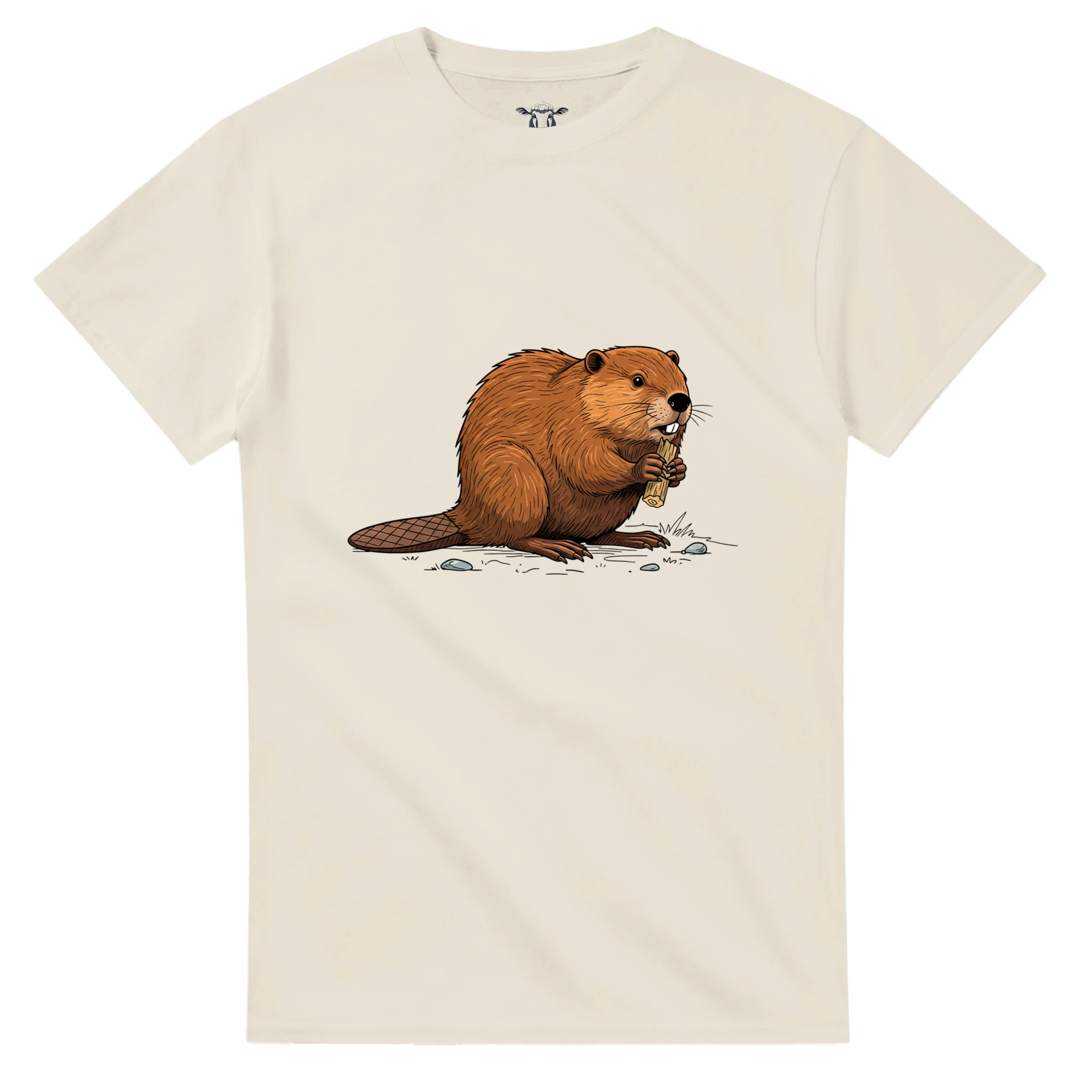 Natural Biber T-Shirt Gildan® 5000, Motiv Biber am Holz groß mittig vorne