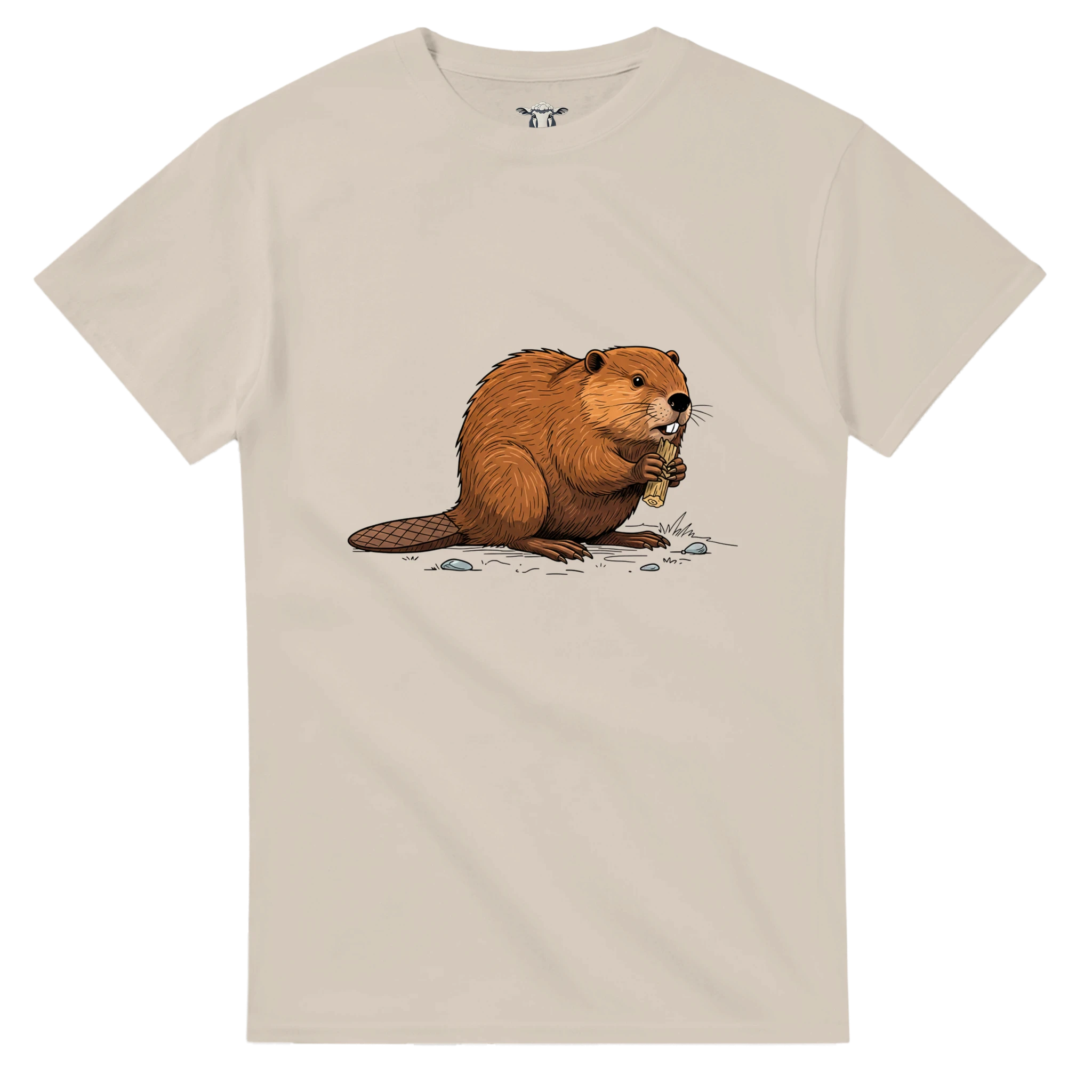 Sand Biber T-Shirt Gildan® 5000, Motiv Biber am Holz groß mittig vorne