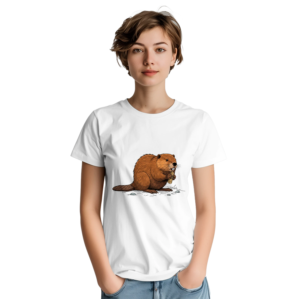 Weiß Biber T-Shirt Gildan® 5000, Motiv Biber am Holz groß mittig vorne getaregn von einer Frau