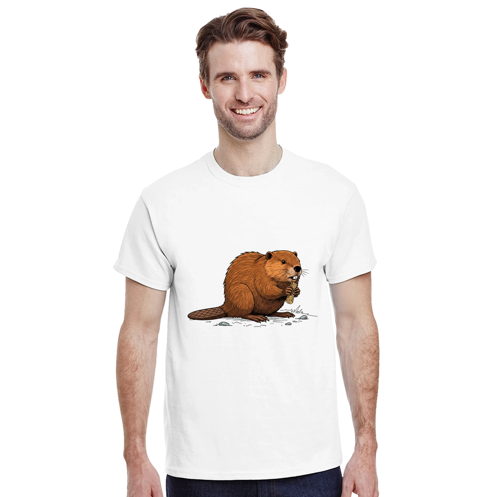 Weiß Biber T-Shirt Gildan® 5000, Motiv Biber am Holz groß mittig vorne getragen von einen Mann