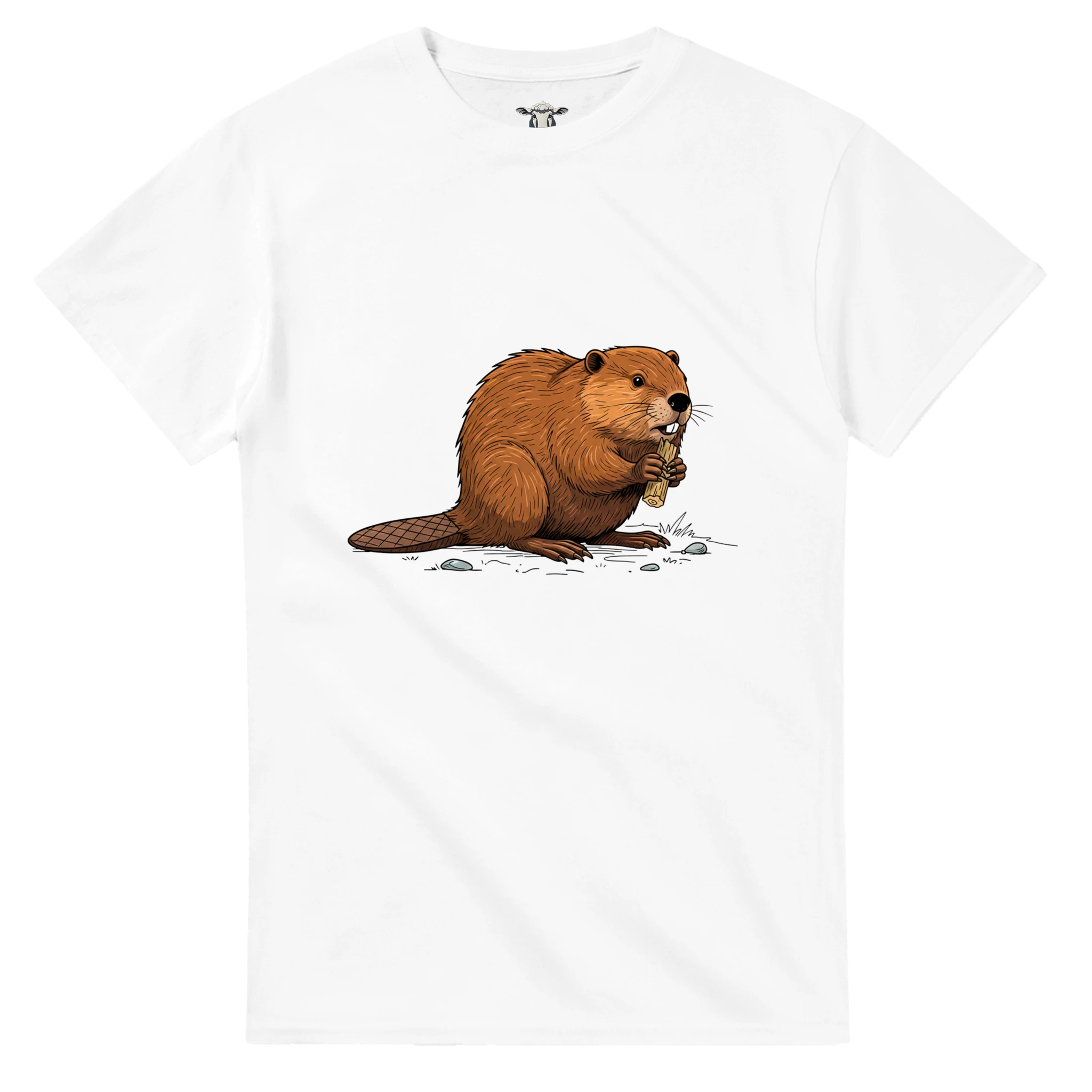 Weiß Biber T-Shirt Gildan® 5000, Motiv Biber am Holz groß mittig vorne