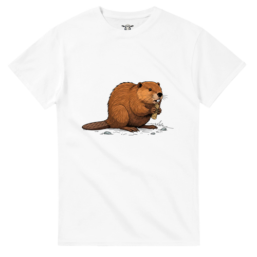 Weiß Biber T-Shirt Gildan® 5000, Motiv Biber am Holz groß mittig vorne