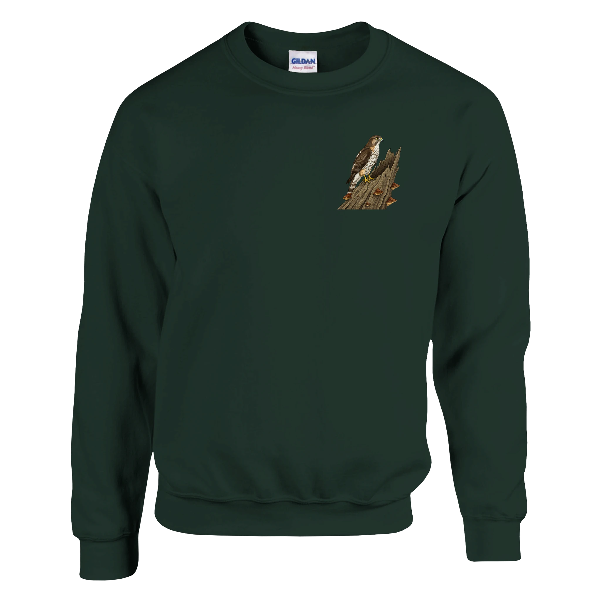 Forest Green Habicht Pullover Gildan® 18000, Motiv Habicht auf altem Baumstamm klein auf der Brust links
