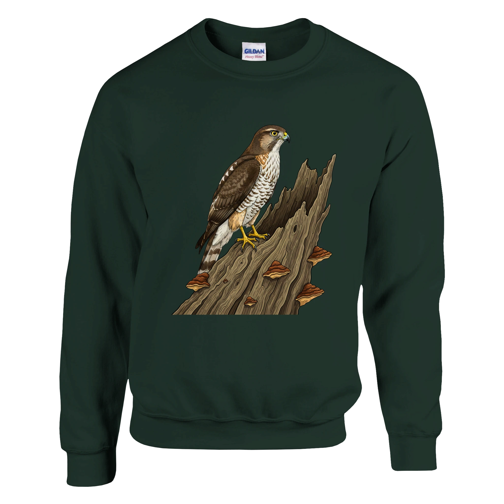 Forest Green Habicht Pullover Gildan® 18000, Motiv Habicht auf altem Baumstamm groß mittig vorne