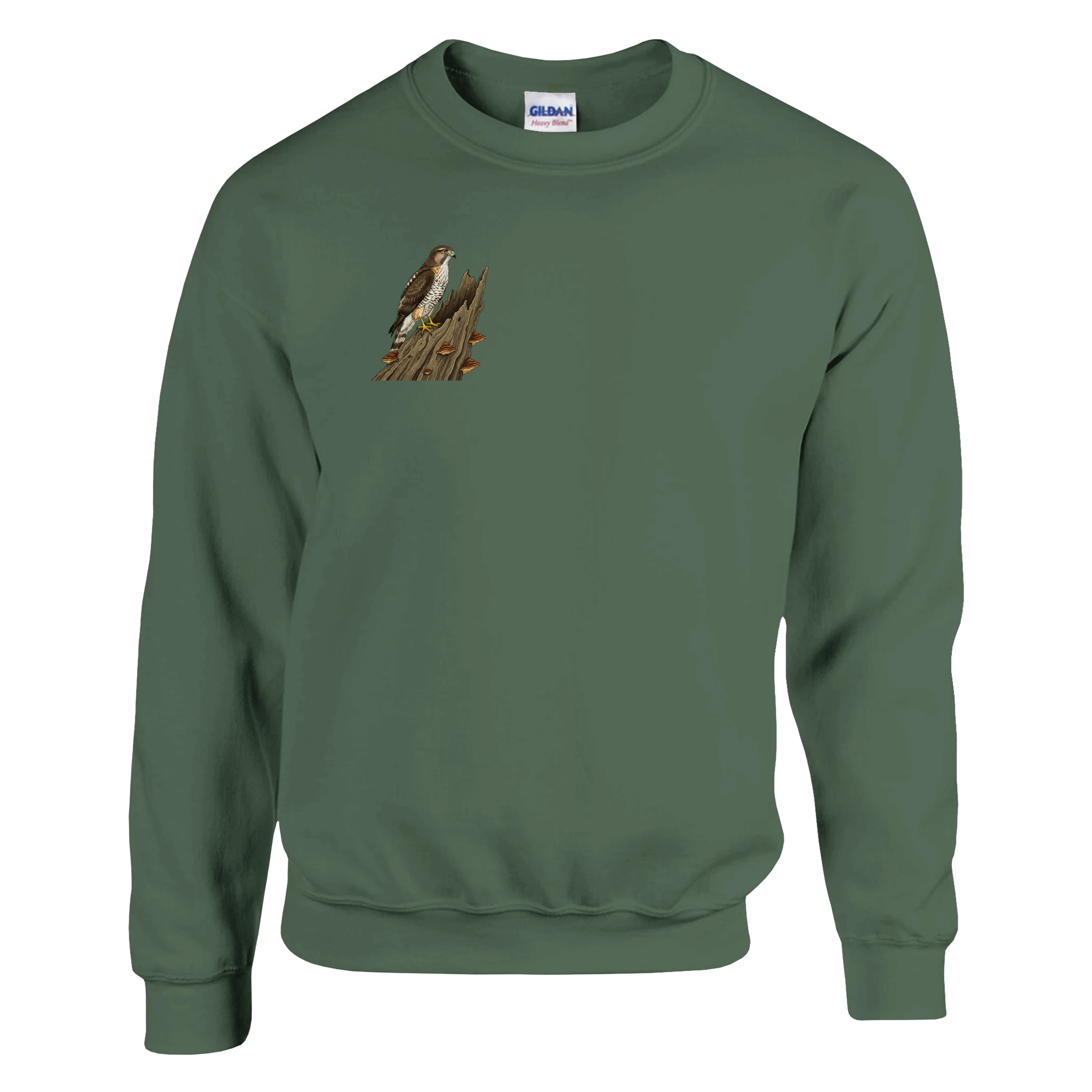 Military Green Habicht Pullover Gildan® 18000, Motiv Habicht auf altem Baumstamm klein auf der Brust rechts