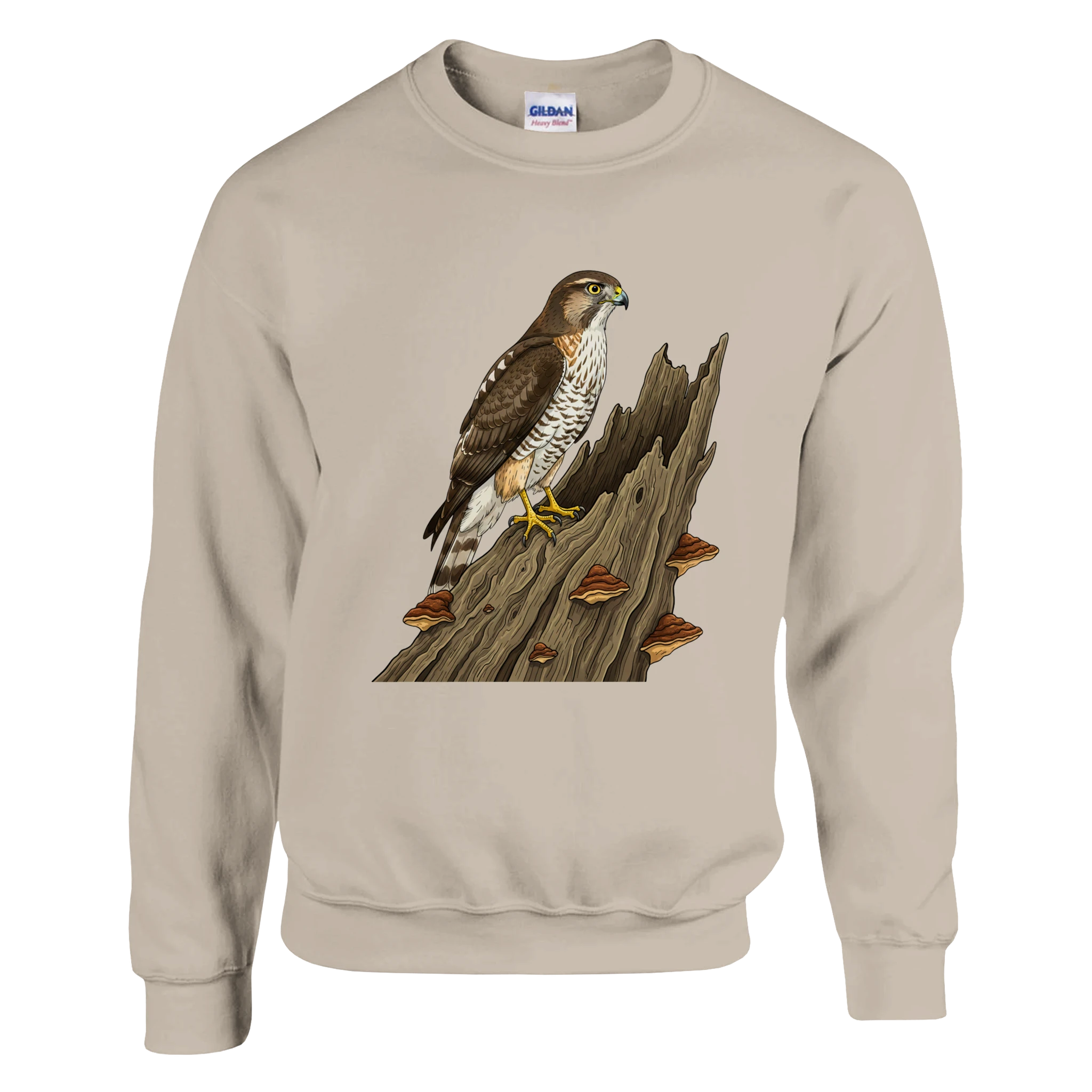Sand Habicht Pullover Gildan® 18000, Motiv Habicht auf altem Baumstamm groß mittig vorne