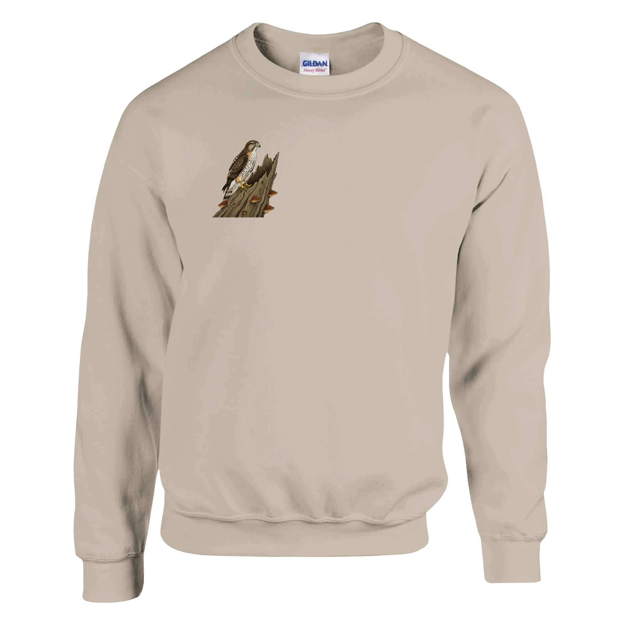 Sand Habicht Pullover Gildan® 18000, Motiv Habicht auf altem Baumstamm klein auf der Brust rechts