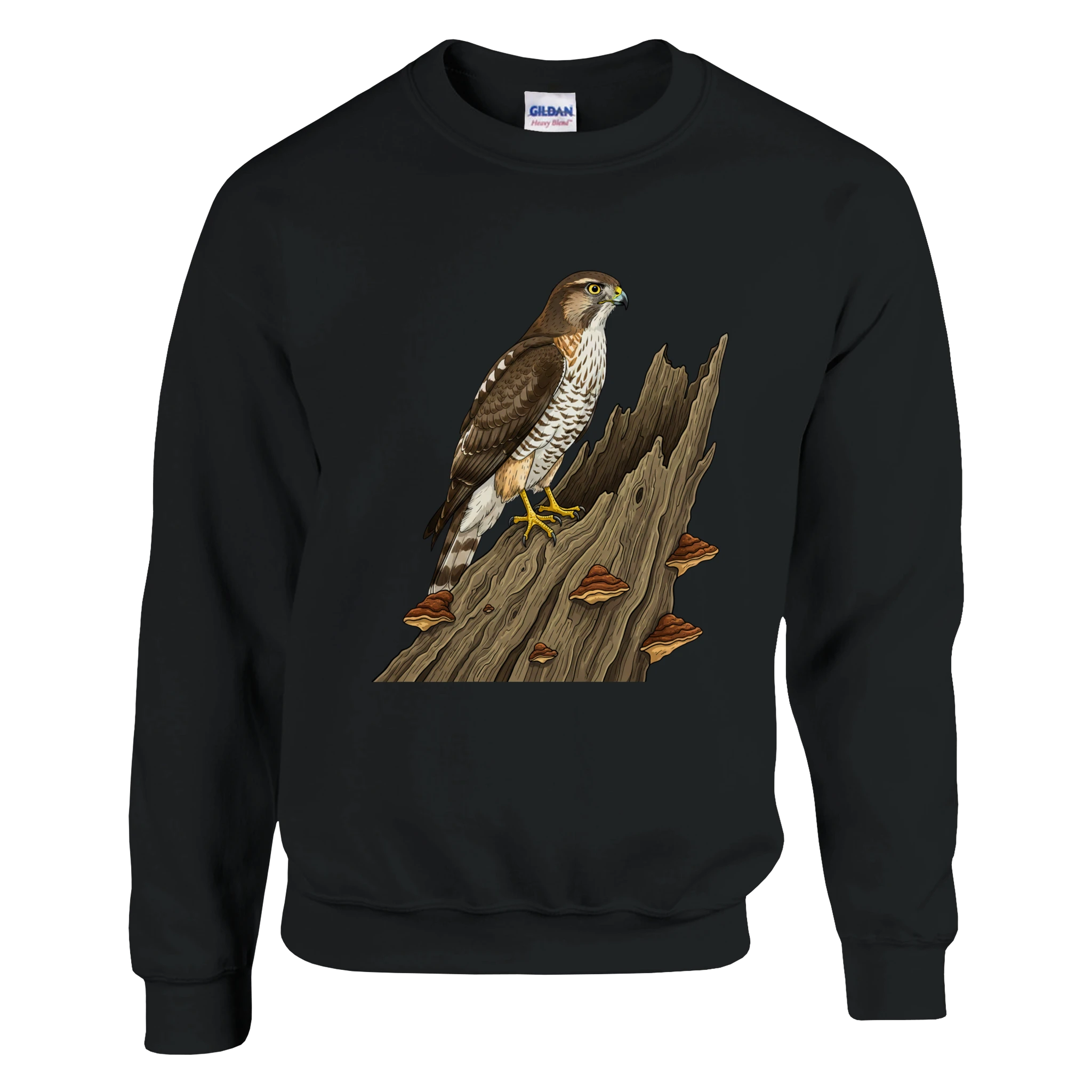 Schwarz Habicht Pullover Gildan® 18000, Motiv Habicht auf altem Baumstamm groß mittig vorne