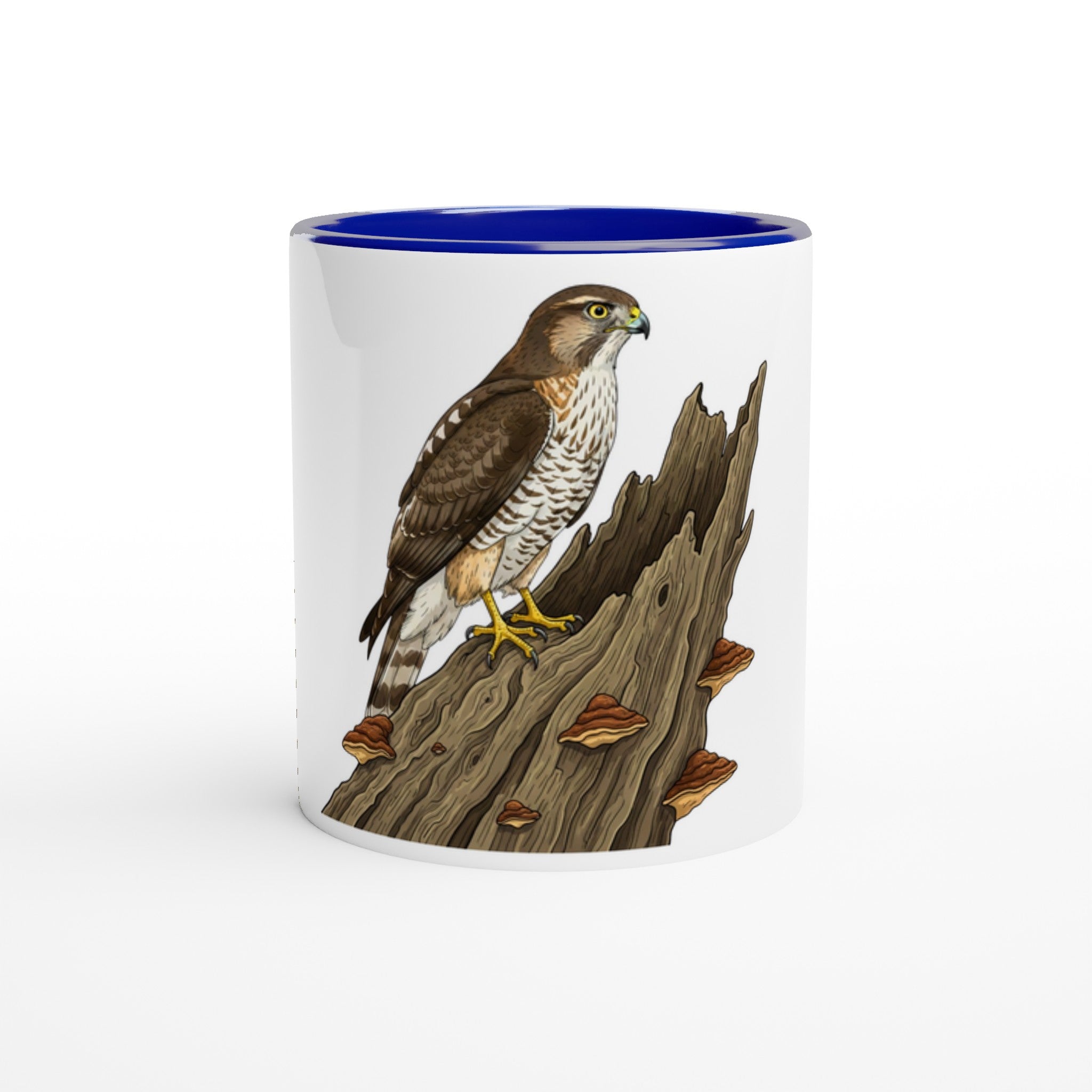 Keramikblau Habicht Keramiktasse, Motiv Habicht auf altem Baumstamm groß mittig auf der Vorderseite, spülmaschinenfest, Farbrand