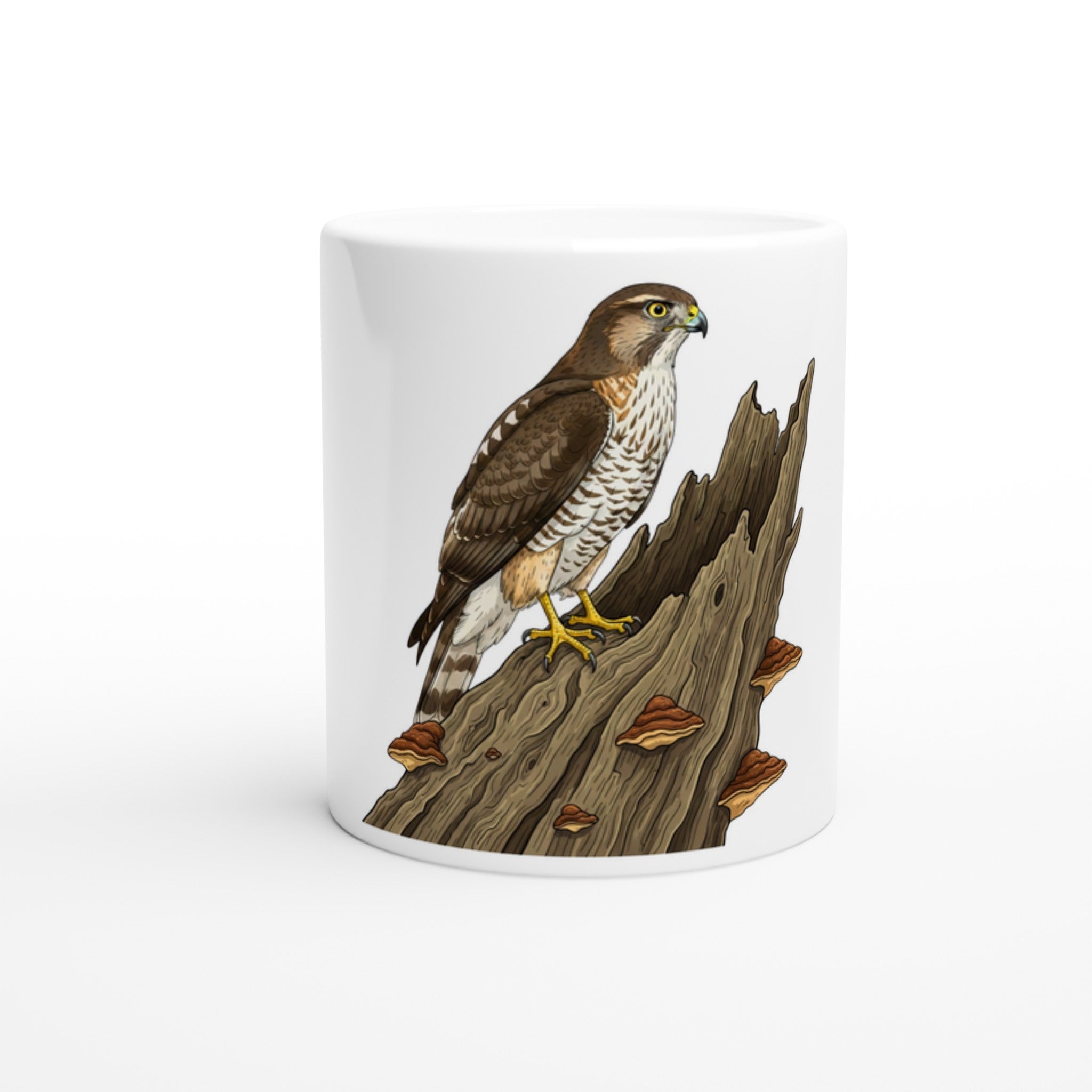 Keramikweiß Habicht Keramiktasse, Motiv Habicht auf altem Baumstamm groß mittig auf der Vorderseite, spülmaschinenfest, Farbrand