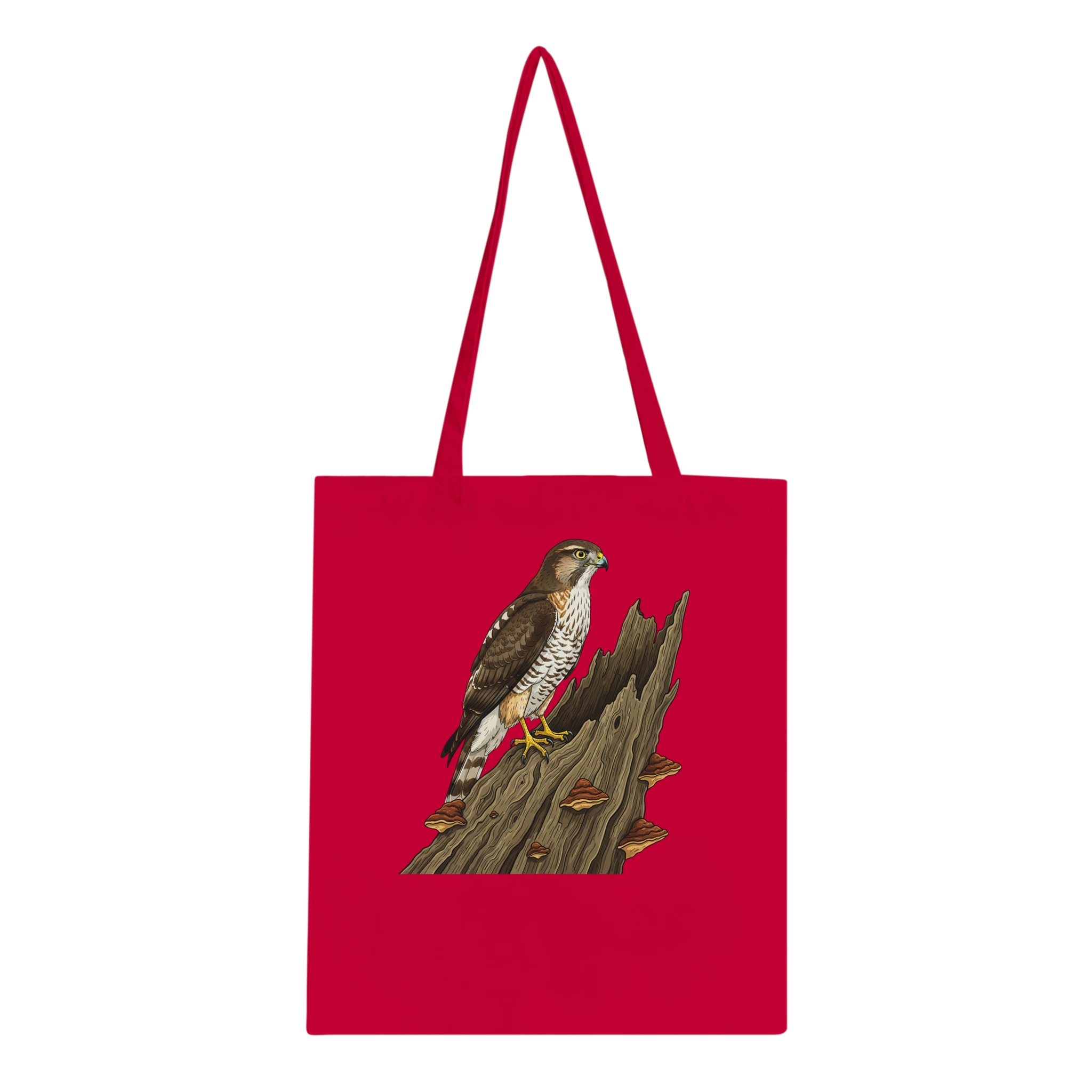Rote Habicht Baumwolltragetasche 10 L, Motiv Habicht auf altem Baumstamm mittig groß