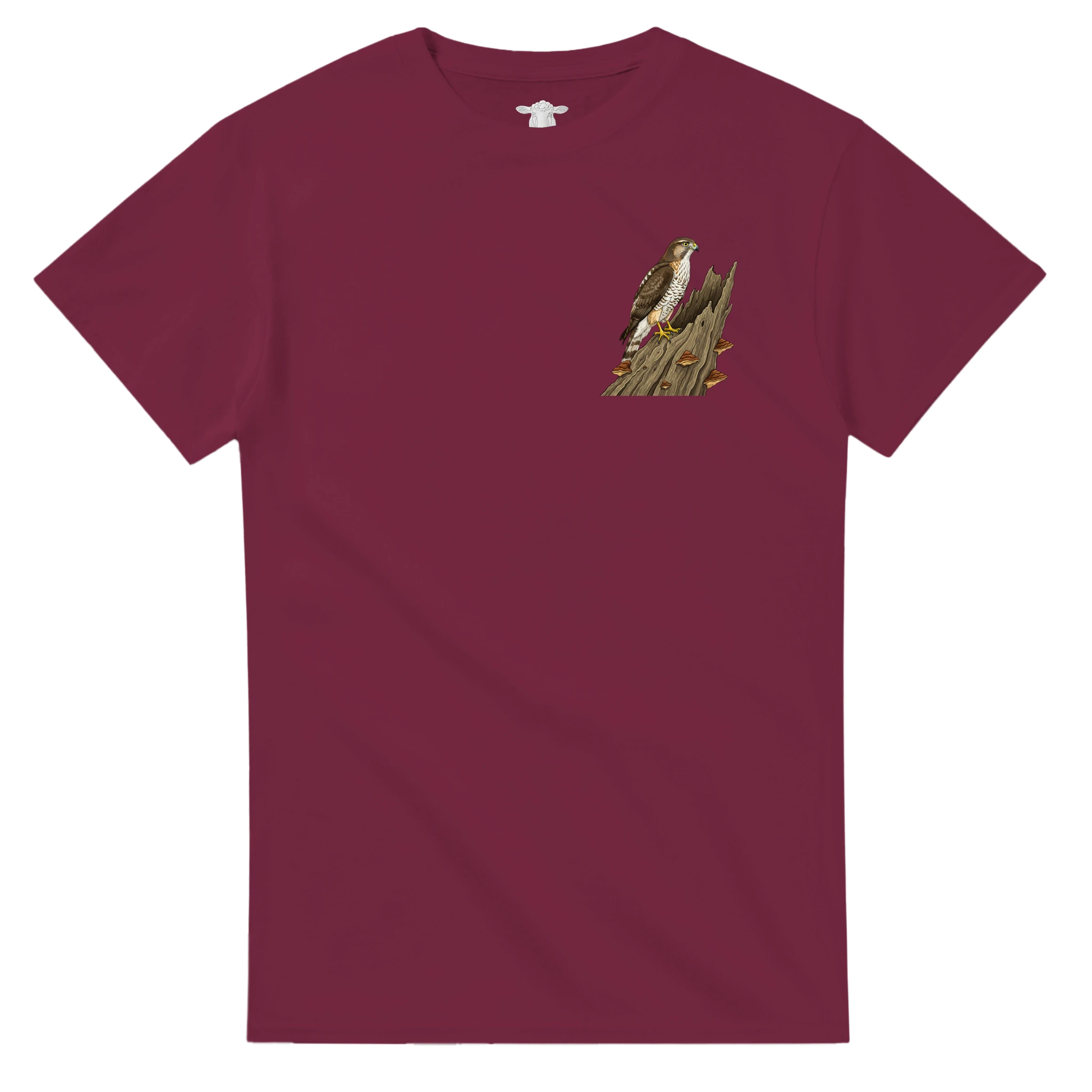 Kastanienbraun Habicht T-Shirt Gildan 5000, Motiv Habicht auf altem Baumstamm   links klein